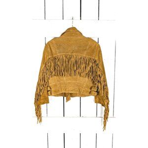 Vintage western tan brown suede leather cropped fringe boho motorcycle jacket